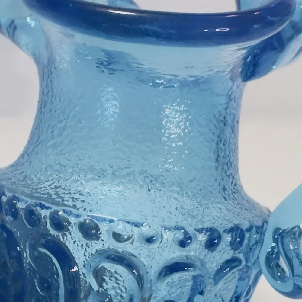 Pitcher Jug Kanawha Ice Colonial Blue Glass Mini UV Raised Loop Swirl Dots Wavy